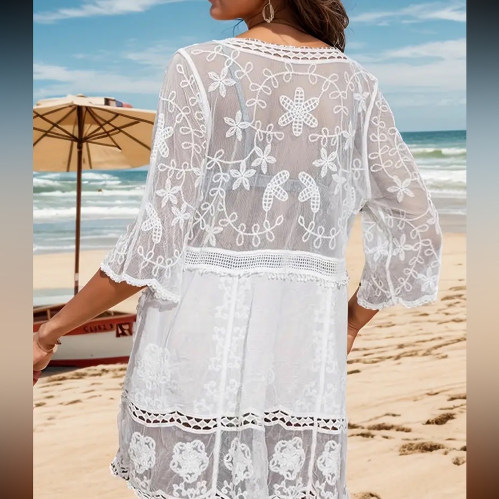 NWT White Bohemian Floral Lace Beach Cover-Up - Picture 2 of 2